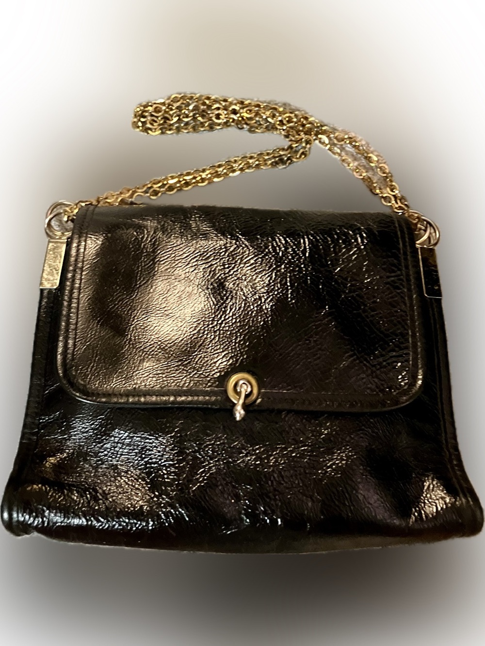 Vintage Black Leather Shoulder Bag with Gold Chain Strap